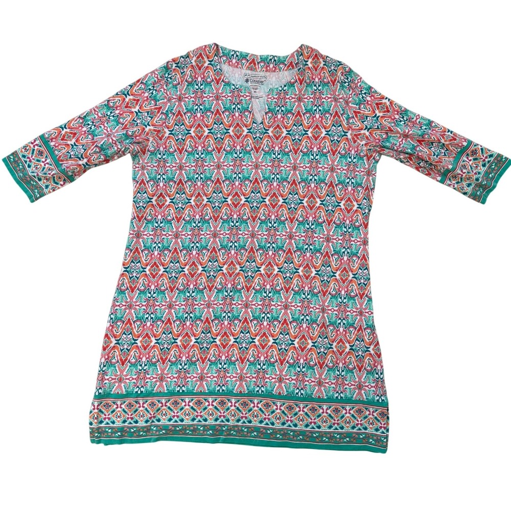 Coolibar Oceanside Tunic Dress XL Teal Coral Ikat UPF 50+ Sun Protection Resort